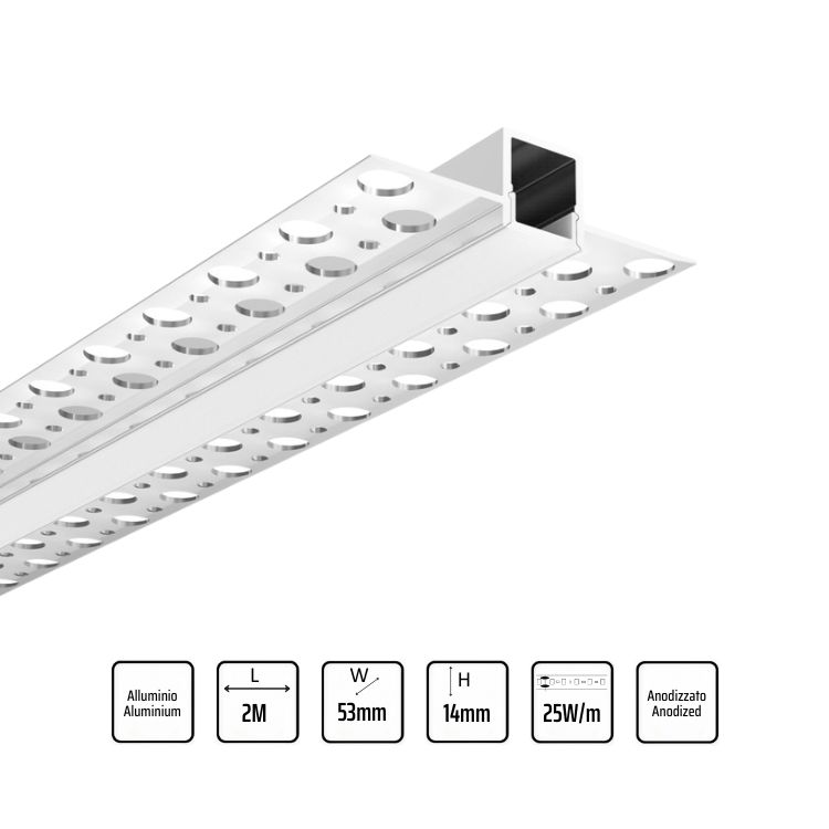 Profilo LED lineare 2M per cartongesso (L=53mm)